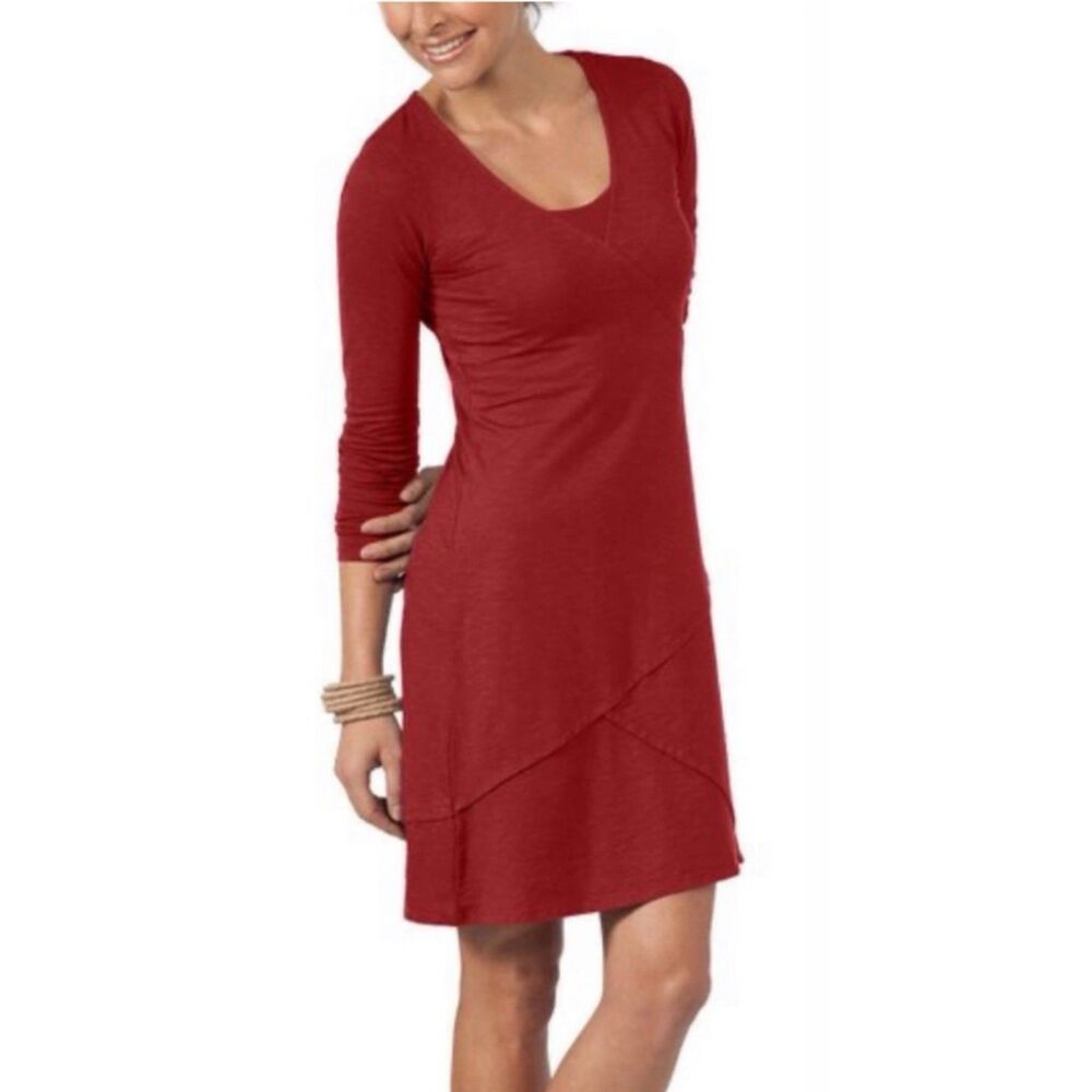 Horny Toad Oblique V-Neck Dress Womens M Red Long Sleeve Minimalist Asymmetrical
